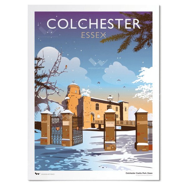 Print depicting Colchester Castle in the snow with the word Colchester on top.