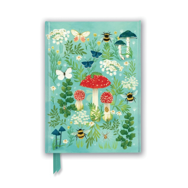 Photo showing the front of the journal. Main colour is metalic green with mushrooms, bees and butterflies of varying colours.