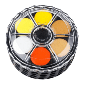 Image of the top of the paint pallette showing the clear lid and the first six colours.