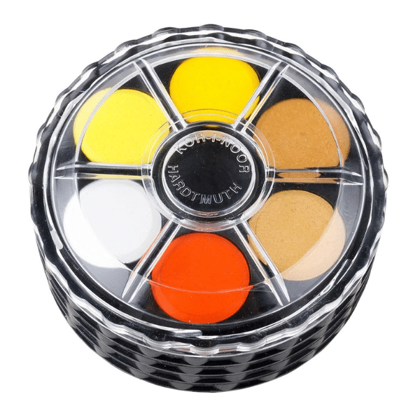 Image of the top of the paint pallette showing the clear lid and the first six colours.